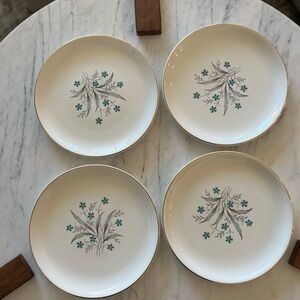 Vintage Scio Pottery Hampton pattern plates feature teal cornflowers, gold trim